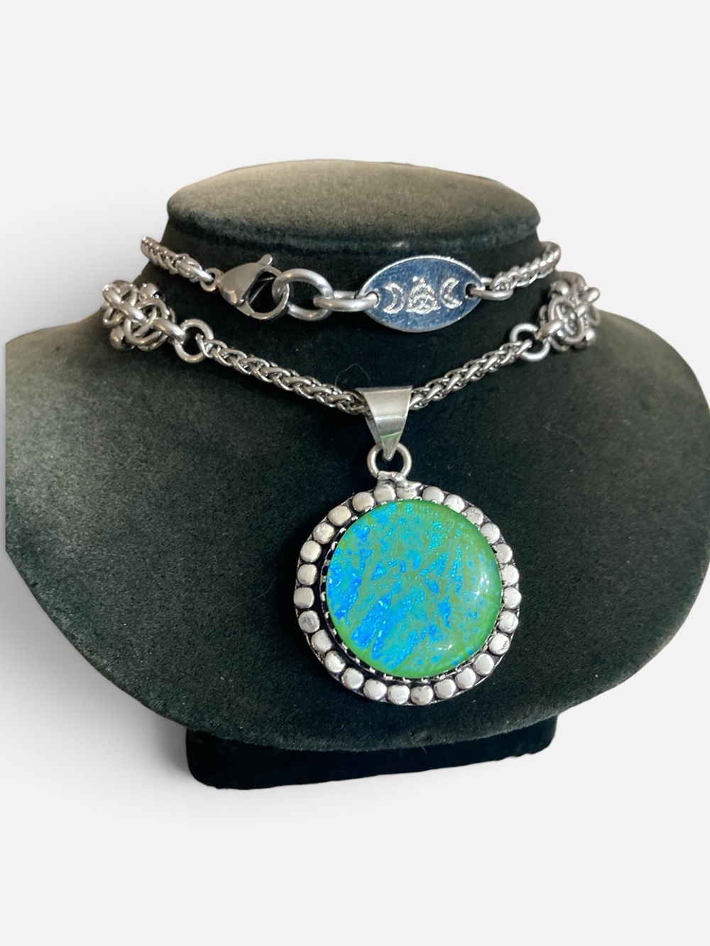 925 Sterling silver overlay man made blue green fire opal glass boho necklace